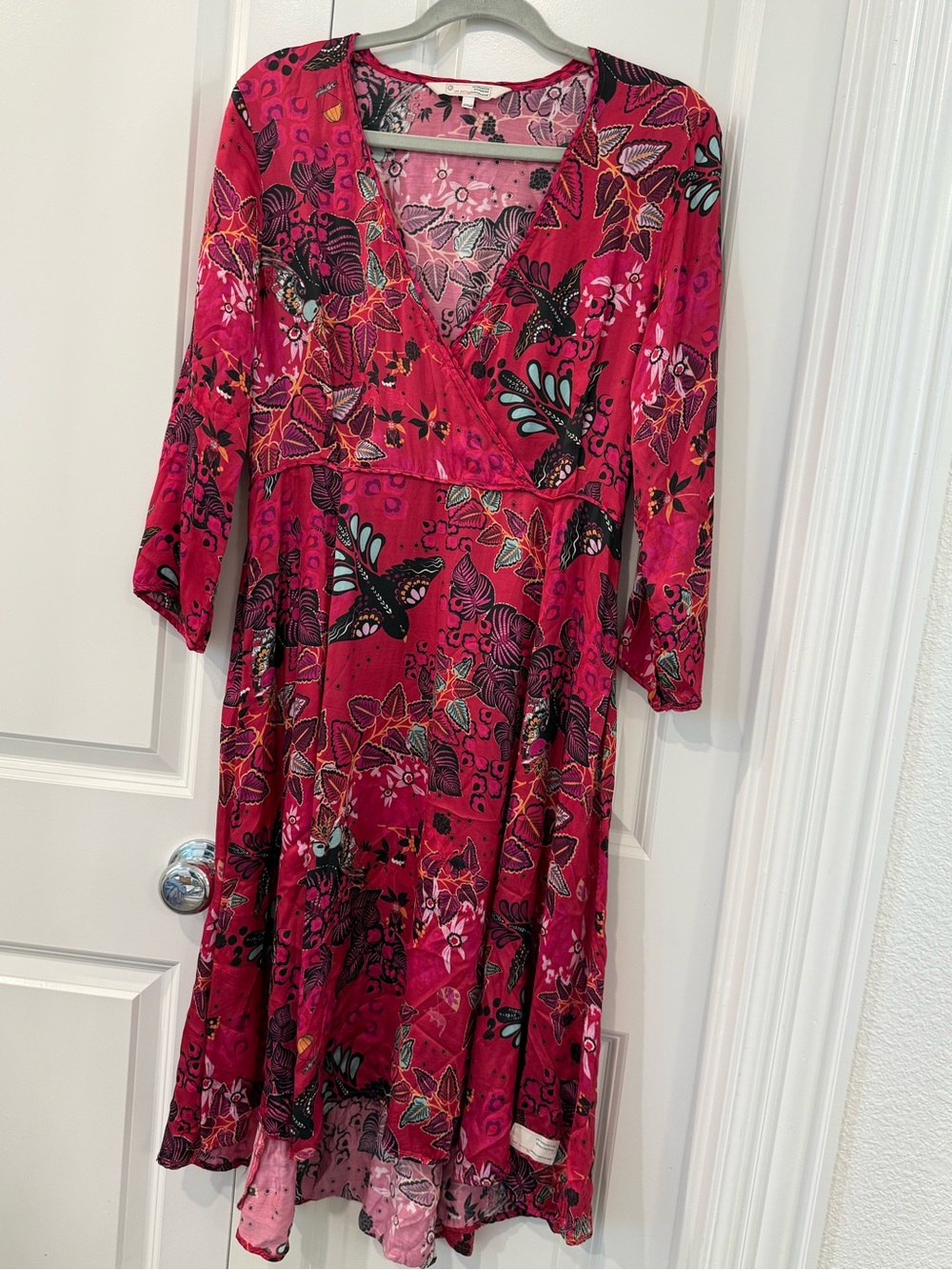 Odd Molly Fuchsia Floral Eclectic Botanical Butterfly Faux Wrap Dress